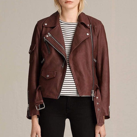 All Saints Harland Biker Burgundy Leather Jacket